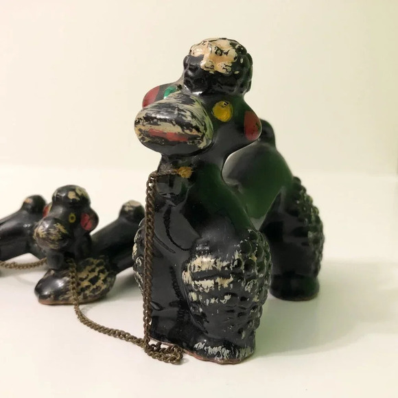 Vintage 60s Redware Poodle Family Set Mom Pups Black White on Chains Japan Flaws - Picture 2 of 16